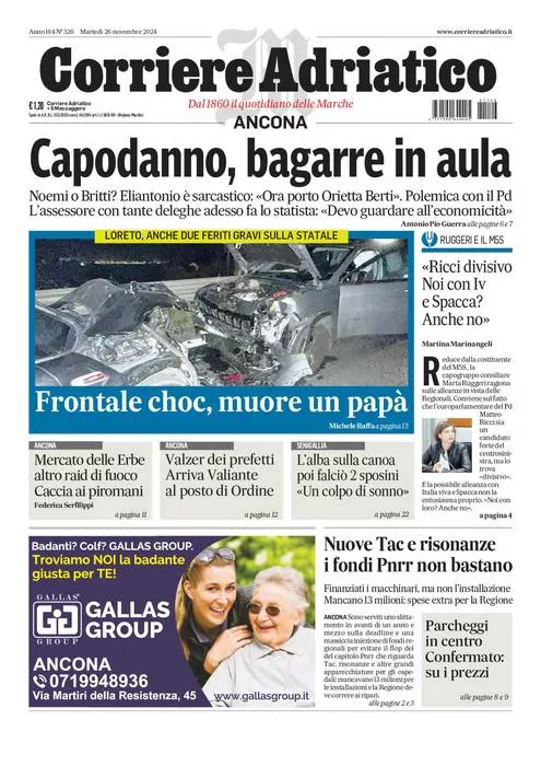 Prima-pagina-corriere adriatico-edizione-di-oggi-26-11-2024